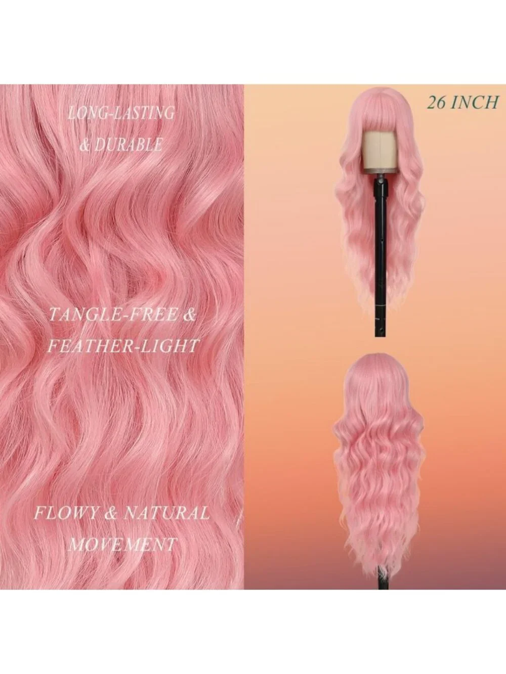 26-Inch Pink Wavy Curly Wig with Bangs | Soft Fiber, Adjustable Cap for Daily
